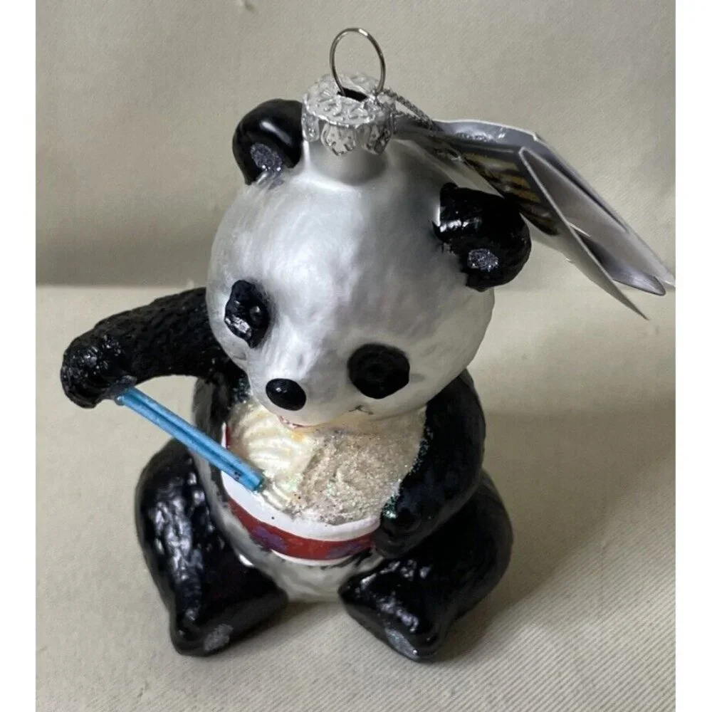 Robert Stanley Panda Bear Eating Ramen Rice Glass Christmas Holiday Ornament NEW